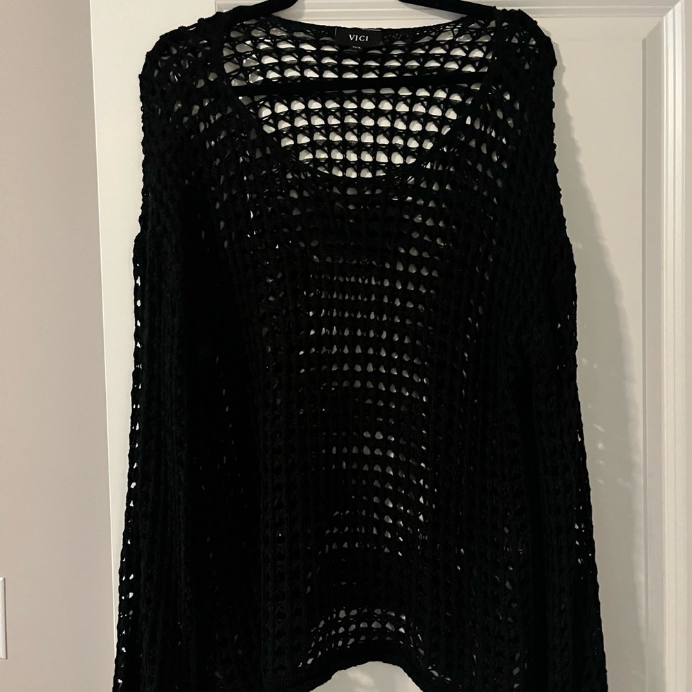 Vici Black Open-Knit Crew Neck Sweater